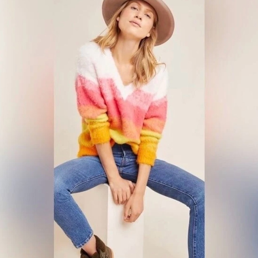 Anthropologie  Simone Striped Wool
Blend Fuzzy Knit Pullover Sweater